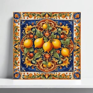 Caltagirone Ceramic Tile - Sicilian Lemon Tiles, Italian Wall Art Decor -Lemon Kitchen Backsplash, Majolica Print, Italian Bathroom, Shower