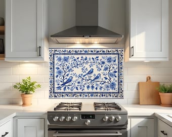 Pode incluir: Um painel decorativo de cozinha com um design floral e de pássaros azul e branco. O painel de azulejos retangular é instalado acima de um fogão a gás de aço inoxidável e sob uma exaustor de aço inoxidável. O design inclui três pássaros azuis empoleirados em galhos.
