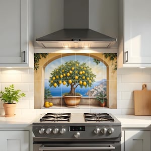 Mural de azulejos con limonero de la Costa Amalfitana: arte de pared para baño con salpicadero y vista de ventana italiana