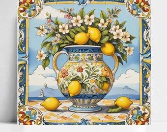Piastrelle italiane – Piastrelle in ceramica Amalfi Lemon, Decorazione murale in maiolica con vaso di limoni, Paraschizzi per cucina in stile mediterraneo, Decorazioni murali per bagno e frutta