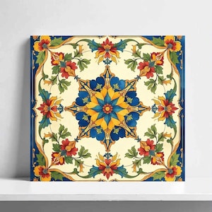Caltagirone Tile – Sicilian Ceramic Wall Art, Italian Majolica Print for Mediterranean Kitchen Backsplash Bathroom,Shower & Restaurant Decor