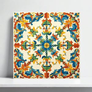 Italian Tile - Caltagirone Ceramic Floral Tiles Fireplace Majolica Print – Mediterranean Backsplash,Italian Bathroom, Sink,Sicilian Wall Art