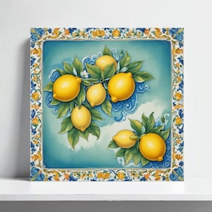 Amalfi Majolica Tile – Lemon Wall Art Print | Italian Ceramic Wall Tile | Lemon Kitchen Backsplash | Amalfi Tile Art | Bathroom Home Decor