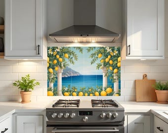 May include: A kitchen backsplash featuring a vibrant painting of a coastal scene with lemons. The artwork depicts a blue sea, white columns, and lush lemon trees, creating a Mediterranean aesthetic. The backsplash is installed above a stainless steel stove.
