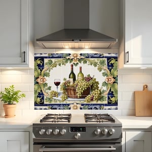 May include: A kitchen backsplash featuring a wine-themed design. The artwork depicts wine bottles, a glass of red wine, and a basket of grapes. The design is framed by a floral and leaf border with blue and green accents.