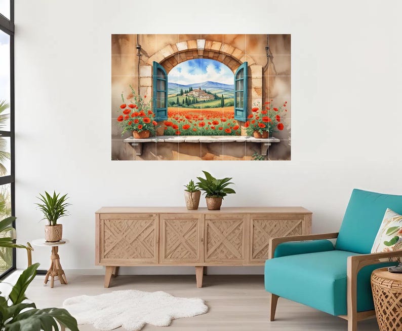 Poppy Glass Tile Tuscan Window Tile Mural | Poppy Field Italian Landscape Ceramic Wall ...