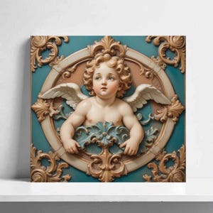 May include: A square wall art piece featuring a cherub sculpture with wings, set against a teal and peach background. The cherub is surrounded by ornate, gold-colored scrollwork and a circular frame.