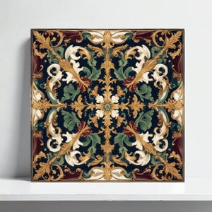 May include: Square framed artwork featuring a detailed floral pattern. The design incorporates gold, cream, green, and burgundy elements against a dark blue background. The artwork is displayed on a white shelf.