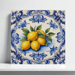 Amalfi Lemon Tile – Blue Majolica Ceramic Wall Art Prin for Mediterranean Kitchen Backsplash, Italian Bathroom,Shower, Sink, Fireplace Decor