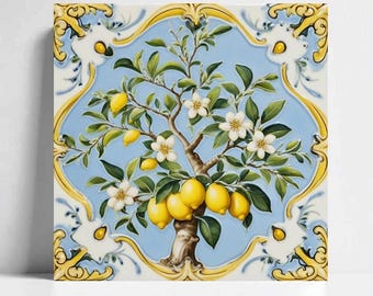 Azulejos italianos: Arte mural de cerámica con limón Amalfi, salpicadero floral de mayólica para cocina y decoración mediterránea para baño.