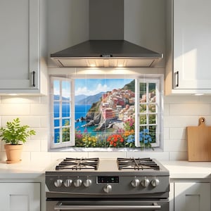 Mural de azulejos italianos para salpicadero: arte mural con vista a una ventana mediterránea, decoración para cocina y baño en Cinque Terre