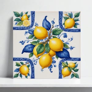 Amalfi Tile with Lemons, Italian Majolica Ceramic Lemon Backsplash – Mediterranean Kitchen, Fireplace Tiles, Italian Kitchen, Fruit Wall Art