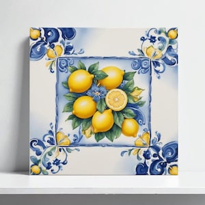 Amalfi Tile with Lemons Italian Ceramic Backsplash –Mediterranean Kitchen,  Lemon Tile Wall Decor, Fireplace Majolica Lemon Print, Fruit Art