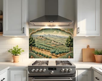 Italian Tile Mural – Tuscany Vineyards Ceramic Wall Art, Italian Landscape Kitchen Backsplash, Mediterranean Bathroom Decor