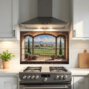 Mural de azulejos con paisaje italiano, vista de ventana toscana, decoración de pared para salpicadero de viñedo