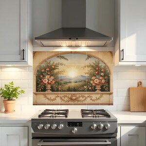 Mural de azulejos con paisaje campestre toscano italiano / Vista de ventana, arte de pared de cerámica para salpicadero de cocina