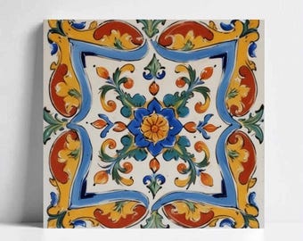 Azulejo de mayólica italiana: Arte mural cerámico floral Deruta con vibrantes acuarelas para salpicadero de cocina mediterránea, baño, chimenea y fregadero.