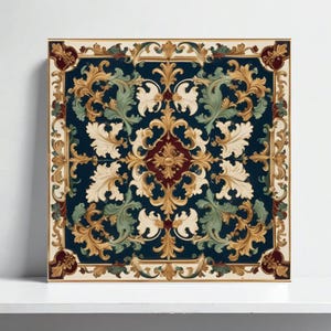 May include: Square artwork featuring a detailed, ornate design. The central motif is a symmetrical pattern of gold, cream, and green foliage on a deep blue background. The artwork is framed with a gold border and corner accents.