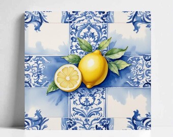 Amalfi Lemon Tile – Italian Majolica Ceramic for Mediterranean Kitchen Backsplash, Bathroom Wall Art  Soft Blue Watercolor Decor