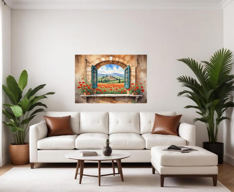 Poppy Glass Tile Tuscan Window Tile Mural | Poppy Field Italian Landscape Ceramic Wall ...
