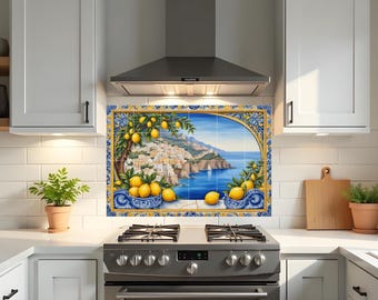 Italian Tile Mural Backsplash – Amalfi Coast Wall Art, Majolica Lemon Ceramic Mural, Mediterranean Kitchen Decor, Coastal Home Decor