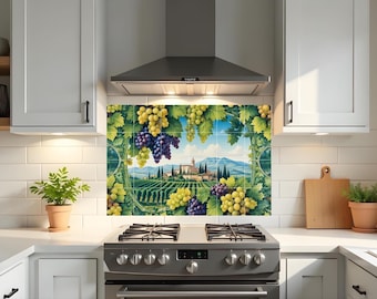Tuscan Vineyard Tile Mural – Italian Countryside Ceramic Wall Art, Tuscany Landscape Kitchen Backsplash, Wine Country Decor,Italian Wall Art
