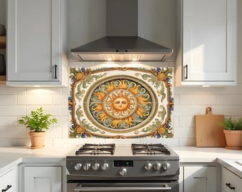 Siciliansk solväggmålning | Italiensk majolikaväggkonst | Medelhavssolens ansiktedekor | Köksstänkskydd