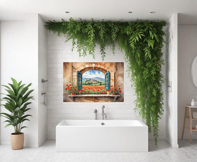 Poppy Glass Tile Tuscan Window Tile Mural | Poppy Field Italian Landscape Ceramic Wall ...