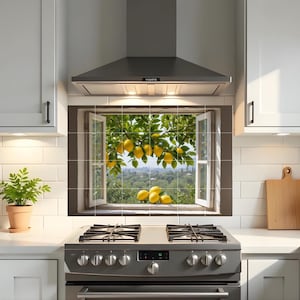 Puede incluir: Una cocina con una estufa de gas de acero inoxidable y una campana extractora. Un salpicadero decorativo de azulejos representa una ventana abierta con un limonero. Los armarios blancos y una pequeña planta en maceta completan la escena.