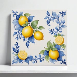 Amalfi Lemon Majolica Tile Wall Art Print – Italian Watercolor Mediterranean Decor for Kitchen Backsplash, Shower, Sink, Fireplace, Coaster