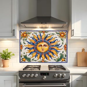 Mural z sycylijskim słońcem | Backsplash kuchni śródziemnomorskiej | Włoska majolika ścienna