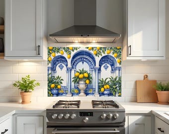 Amalfi Lemon Vase Tile Mural Italian Majolica Watercolor Ceramic Wall Art,Mediterranean Kitchen Backsplash Fruit Mural, Elegant Amalfi Coast