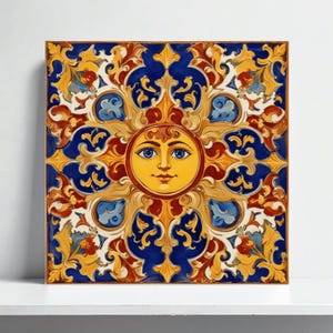 Italian Caltagirone Ceramic Tile - Sun Tiles Majolica Print – Mediterranean Backsplash, Italian Bathroom, Sicilian Wall Art, Fireplace Tile