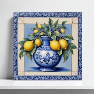 Amalfi Lemon Ceramic Tile – Italian Majolica Wall Art Print for Mediterranean Kitchen Backsplash, Bathroom,Fireplace, Shower Deco,Sink Decor