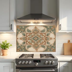May include: Kitchen backsplash with a decorative tile design featuring a central floral motif in shades of green, brown, and cream. The tile is installed above a gas stove and beneath a stainless steel range hood, with white cabinets on either side.