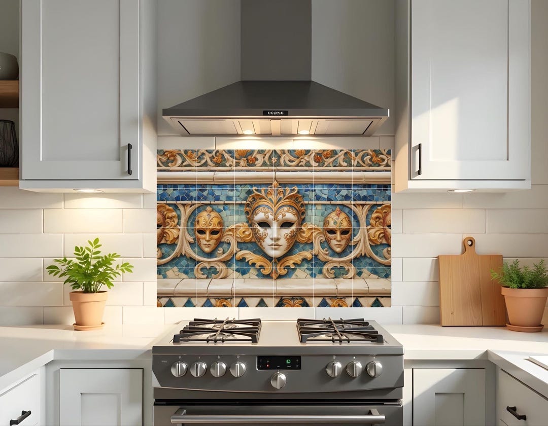 Venetian Mask Tile Mural – Italian Mosaic Style Wall Art Backsplash ...