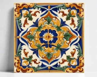 Puede incluir: Azulejo cerámico cuadrado con diseño floral. El azulejo presenta una flor azul central rodeada de hojas amarillas y verdes, sobre un fondo crema. El borde es azul y marrón, creando un patrón decorativo.