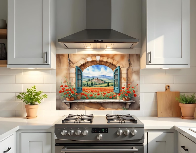 Poppy Glass Tile Tuscan Window Tile Mural | Poppy Field Italian Landscape Ceramic Wall ...