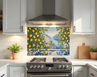 Italian Tile Mural – Amalfi Coast Lemon Majolica Ceramic Wall Art, Mediterranean Kitchen Backsplash & Coastal Home Decor