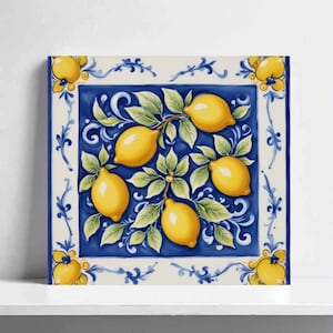 Amalfi Tile with Lemons – Italian Majolica Lemon Backsplash, Mediterranean Kitchen Decor, Bathroom Wall Tile, Fireplace Accent, Fruit Art
