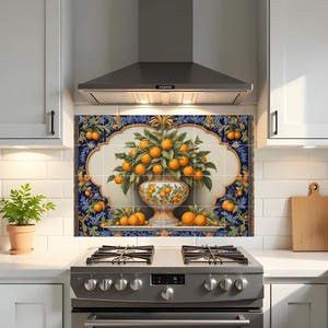 Sicilian Ceramic Tile Mural – Caltagirone Orange Vase Wall Art,Italian Majolica Fruit Mural, Mediterranean Kitchen Backsplash, Botanical Art