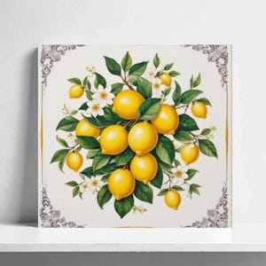 May include: Square canvas art depicting a lemon tree illustration. The artwork features bright yellow lemons, green leaves, and delicate white blossoms. The design is set against a white background with a decorative border, creating a fresh and inviting aesthetic.