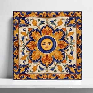 Caltagirone Sun Tile – Mediterranean Floral Sicilian Majolica Ceramic for Kitchen Backsplash, Bathroom Wall, Shower, Fireplace, Sink Accent