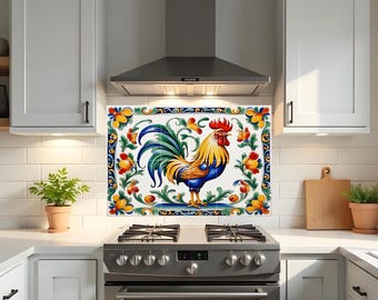 Italian Rooster Tile Mural | Farmhouse Kitchen Backsplash | Rustic Ceramic Bird Wall Art Decor