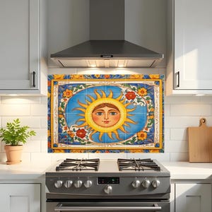Mural de mayólica "Sol siciliano" de Caltagirone / Decoración mediterránea / Diseño de azulejos italianos