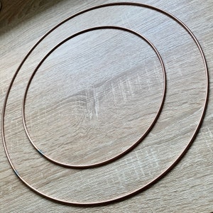 May include: Two copper wire hoops, one inside the other, on a wooden surface.