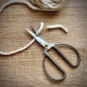 May include: A pair of stainless steel scissors cutting a white rope. The scissors have textured handles and a gold-coloured screw. A coil of rope is in the background. The word "STAINLESS" is visible on the scissors.