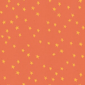 May include: A seamless pattern of yellow stars on a bright orange background. The stars are hand-drawn and have a slightly distressed look.