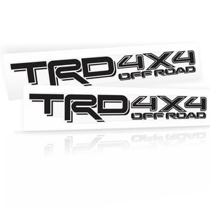 May include: Two rectangular vinyl decals featuring the black text TRD 4X4 OFF ROAD in a bold, stylized font. The letters have a distinct outlined appearance against a white background, designed for application on vehicle exterior surfaces.