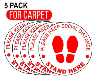 Social Distancing Floor Signs 5 Pack Carpet | 6 Feet Anti-Slip Safety Markers Workplace School